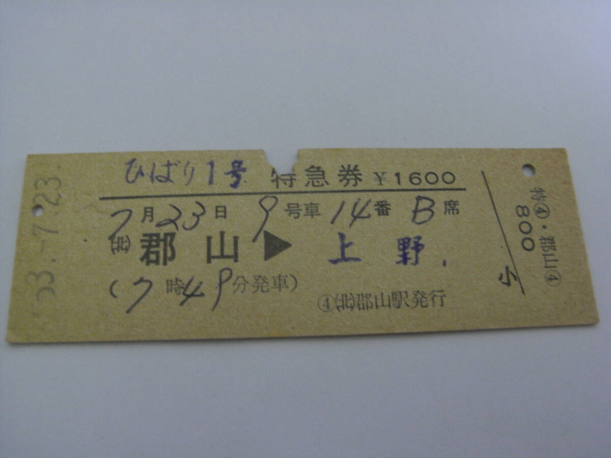 ひばり1号 特急券 (北)郡山→上野 昭和53年7月23日発行 (北)郡山駅発行拍卖