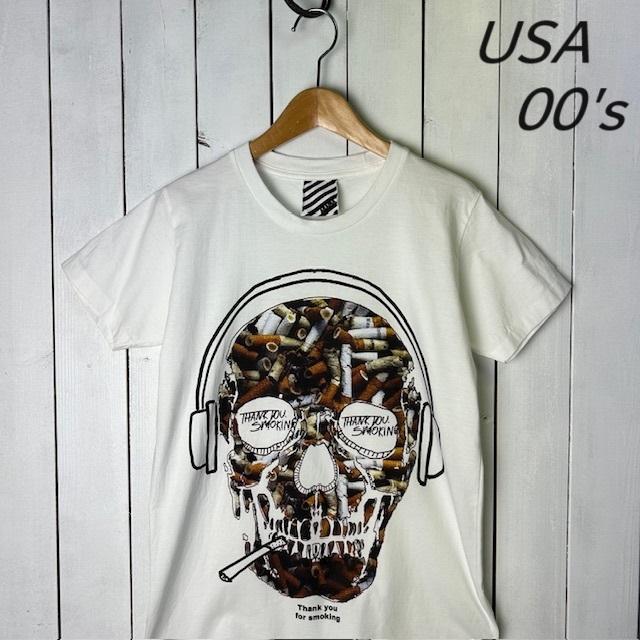 T●23 USA古着 90s~00s スモーキングスカル・ドクロTシャツ タバコ S アメリカ古着 オールド シングルステッチ拍卖