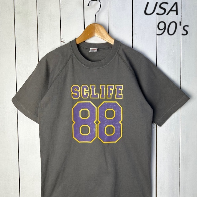 T●51 USA古着 90s USA製 ナンバリングカレッジTシャツ S グレー オールド ヴィンテージ アメリカ古着拍卖
