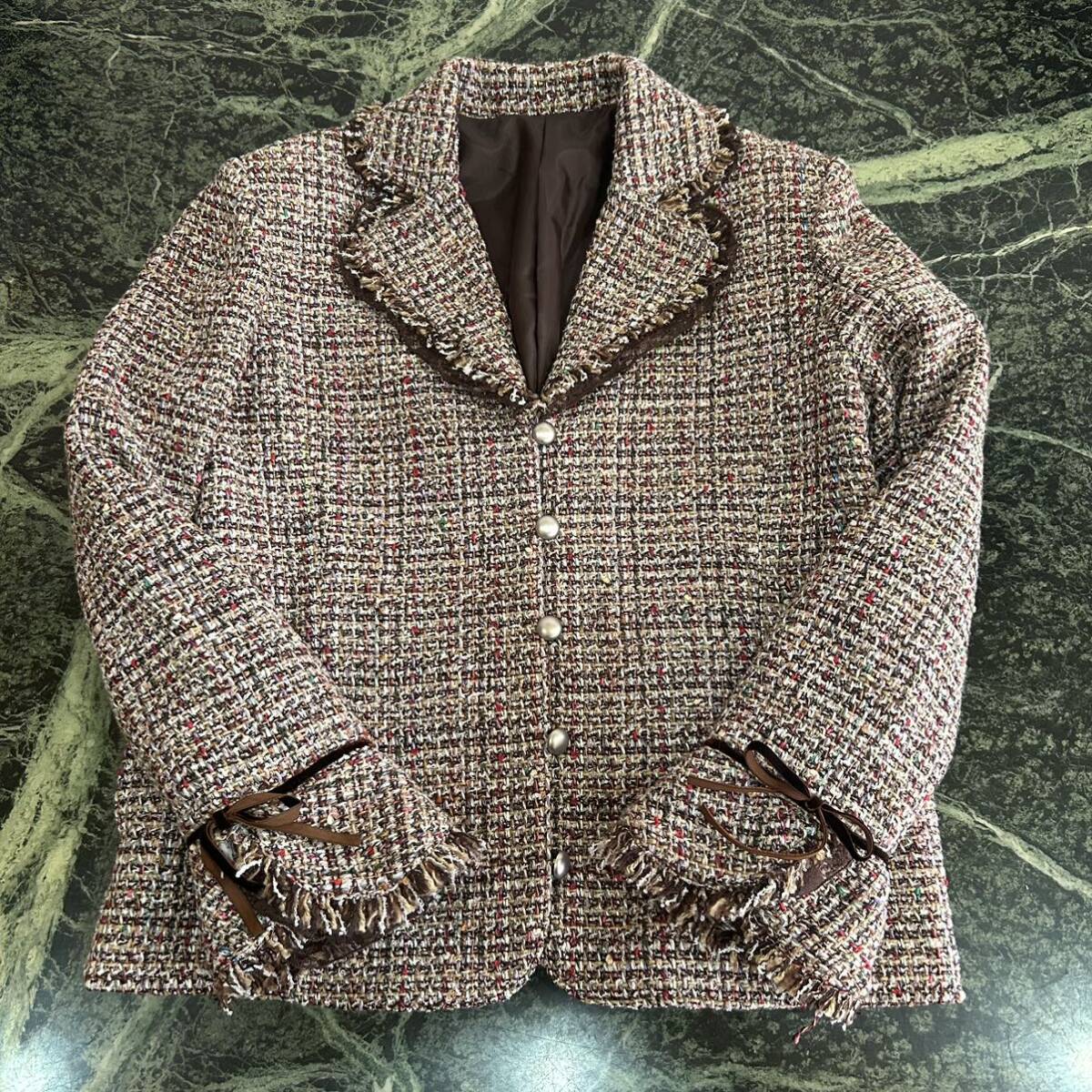 【美品】CLAIR DE BELL★テーラードジャケット Lサイズ ブラウン 茶色 ツイード レディース 混紡拍卖