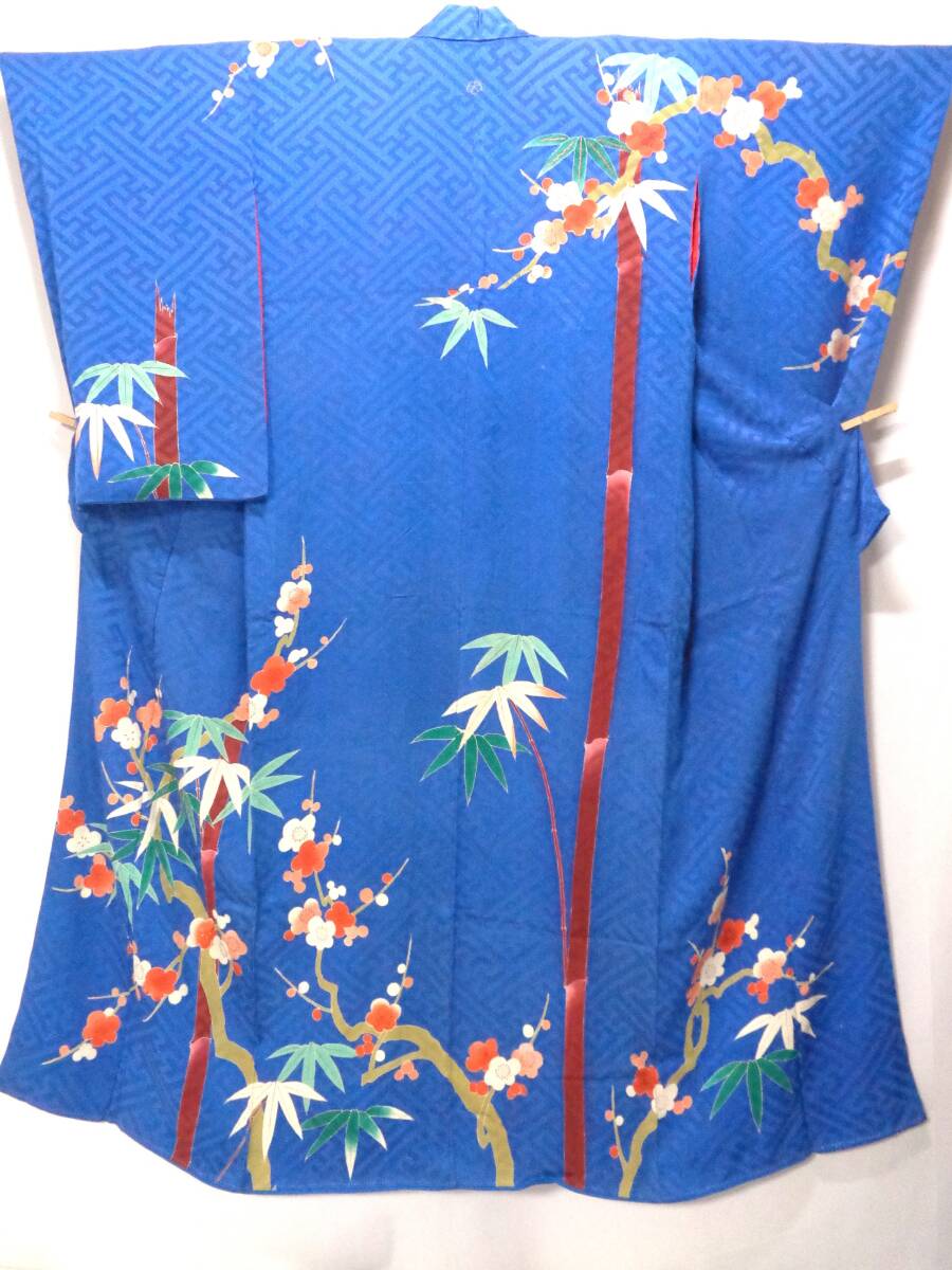 ■アンティーク 訪問着 豪華 刺繍 青色系 レトロ 正絹 錦紗 古布 刺繍 時代着物 竹 梅 大正ロマン No,13拍卖