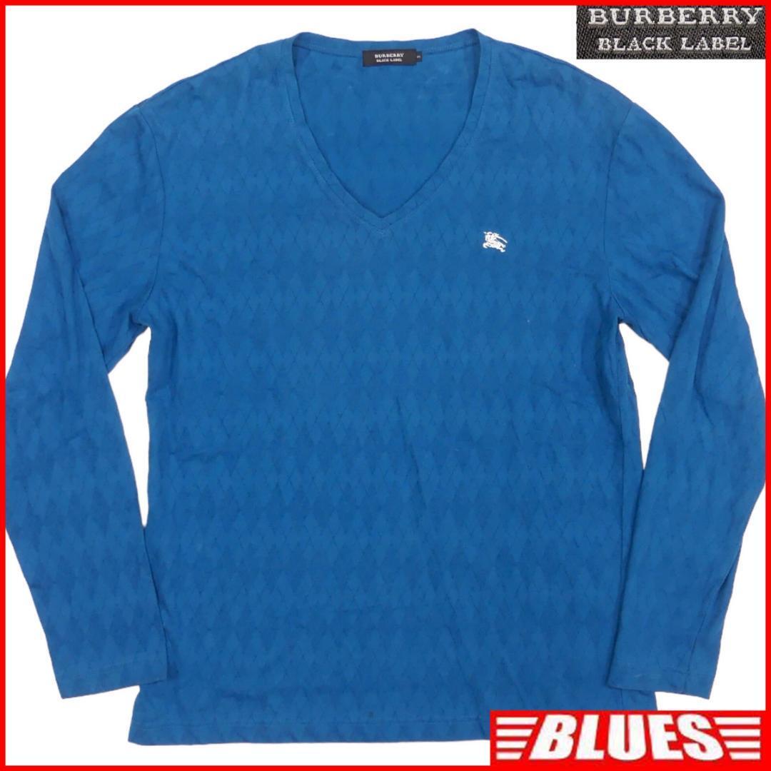 即決★BURBERRY BLACK LABEL★メンズL 廃版 Tシャツ ロンT バーバリーブラックレーベル 3 青 アーガイル カットソー 長袖 刺繍拍卖