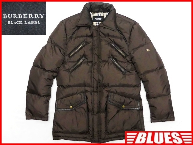 即決★BURBERRY BLACK LABEL★メンズM レザーパイピングダウンジャケット バーバリーブラックレーベル 茶 コート ノバチェック 三陽商会拍卖