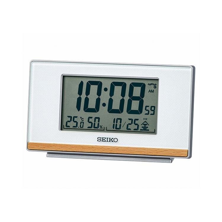 セイコー クロック 電波目覚し時計 SQ793W 温湿度表示 電子音アラーム 白パール塗装 ブラウン ホワイト デジタル拍卖