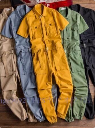 B0442夏 半袖 オールインワン カーゴ サロペット つなぎ ペインターパンツ 作業服 大きいサイズ 6色選択 カーキ S~5XL サイズ選択可拍卖