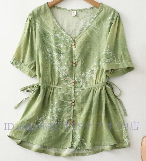 B1325☆新品春夏~カジュアル ゆったり トップス 復古 チュニック Vネック 薄手 可愛い 小花柄 シャツ きれいめ 半袖 緑拍卖