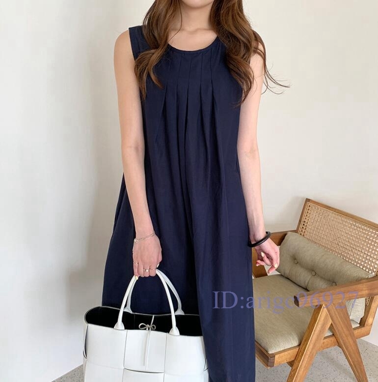 N203★新品夏**レディース*カジュアル*20304050代*体型カバー*無地*ギャザー綿麻ナチュラル袖なしロングワンピースネイビー拍卖
