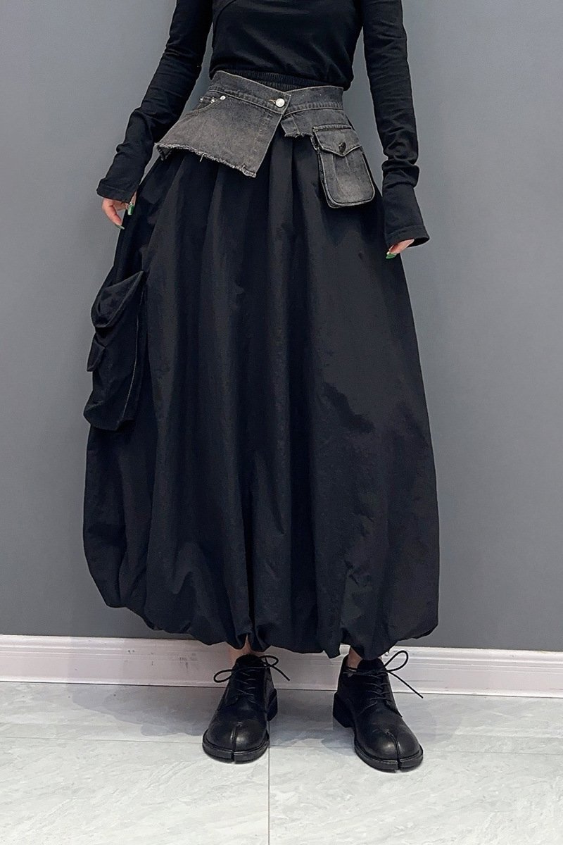 B0809☆新品スカート ゆったり 楽ちん 裾回り紐で調節可能 ブラック拍卖