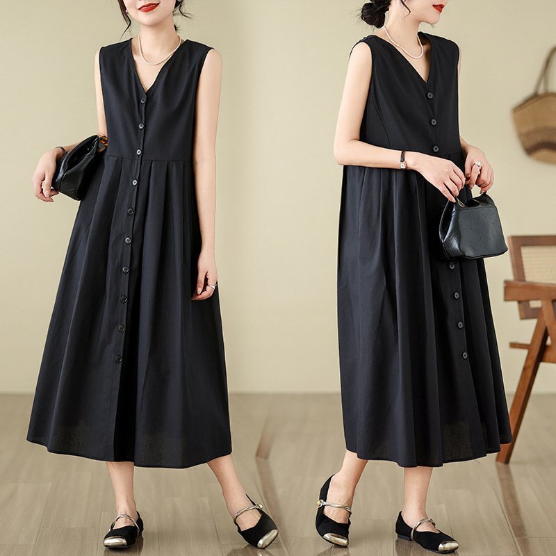 B0250新品~オリジナル ワンピース 入学式 入園式 卒業式 ノースリーブ ロングワンピース カジュアル Vネック Aラインワンピース~ブラック拍卖