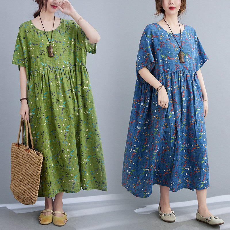 B0221☆新品お色選択可 夏 レディース カジュアル 4L5L相当ゆったり大きいサイズ体型カバー 小花柄半袖ロングワンピース 緑拍卖