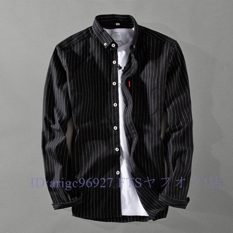 B1975☆新品ボタンダウンシャツ メンズ 長袖 カジュアル コットン スリム ストラップ柄 シンプル 柔らかい ポケット付き ブラック拍卖