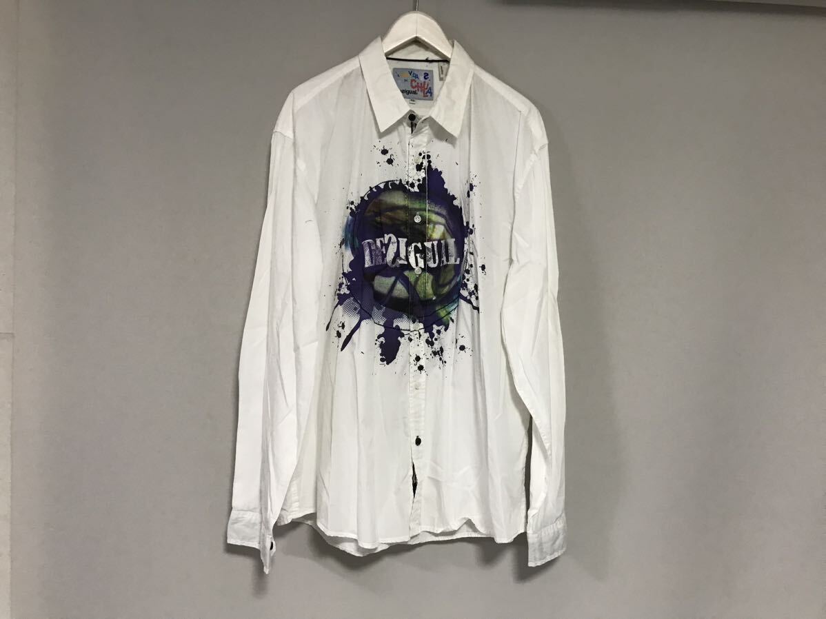 本物デシグアルDesigualコットンプリントデカビッグロゴプリント長袖シャツメンズサーフミリタリーアメカジビジネススーツゴルフ3XL白XXXL拍卖