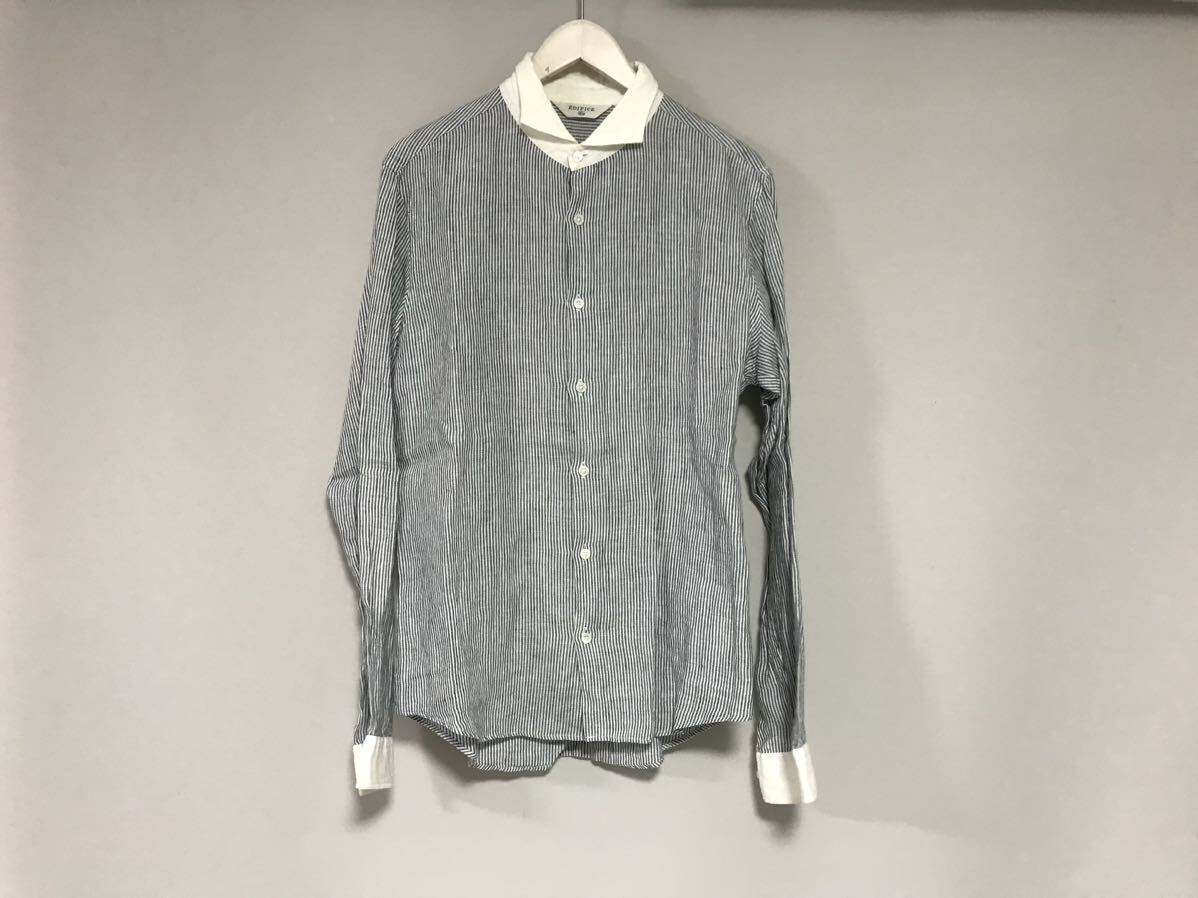 本物エディフィスEDIFICEクレリック麻リネンドレス長袖シャツメンズサーフミリタリーアメカジゴルフビジネススーツ白ホワイト青42XS拍卖