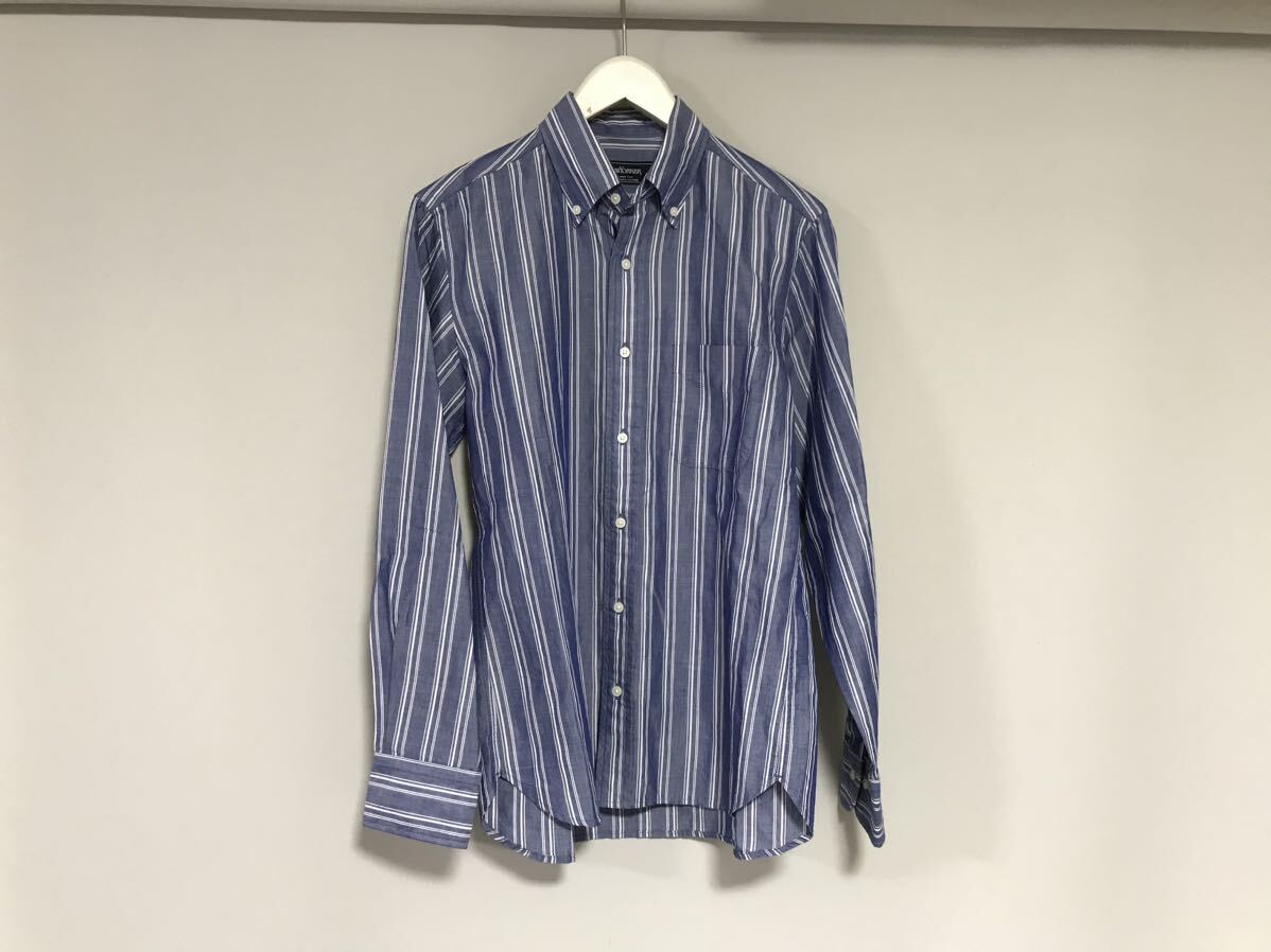 美品本物ニューヨーカーNEWYORKERコットン麻リネンストライプ柄ドレス長袖シャツメンズサーフミリタリーアメカジビジネススーツ青ブルーS拍卖