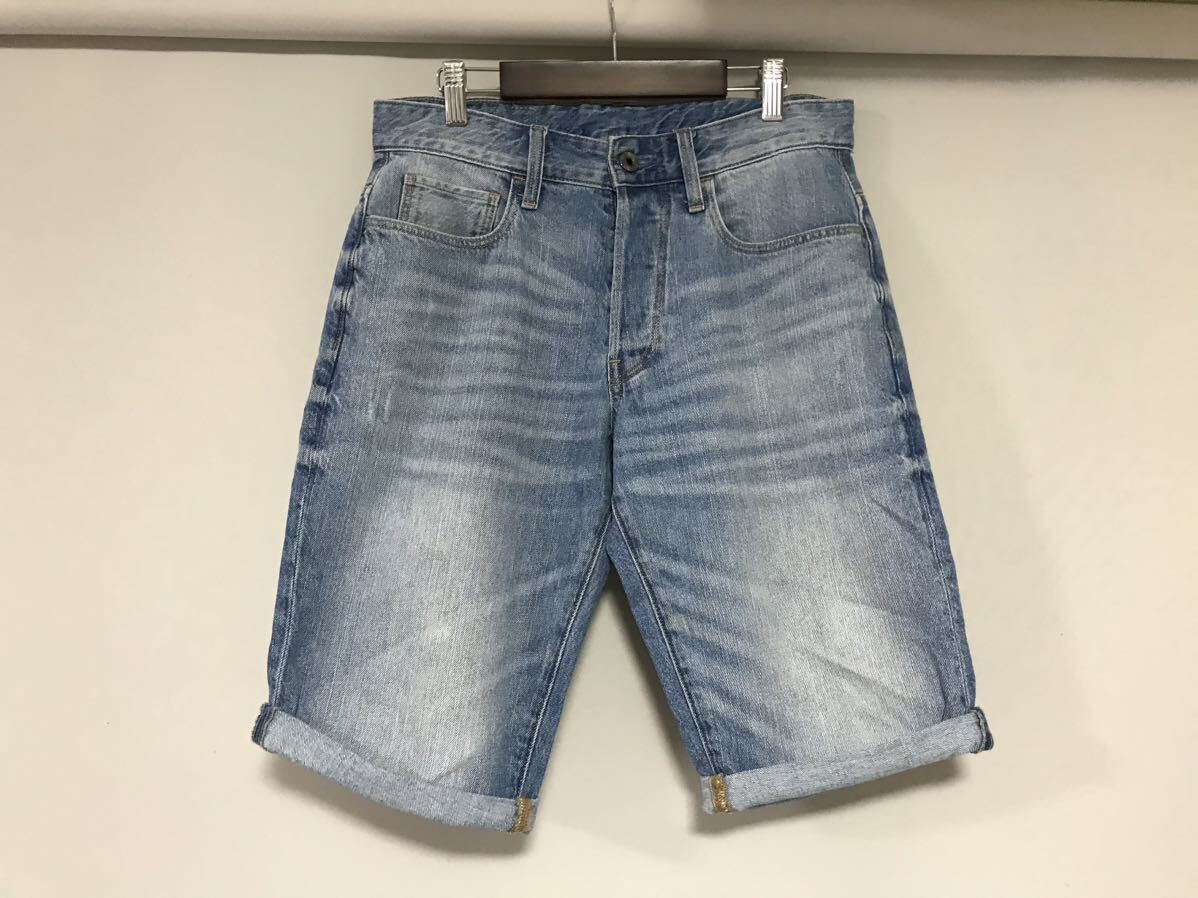本物ジースターロウG-STAR RAWコットンダメージ加工デニムハーフショートパンツサーフミリタリーアメカジワークゴルフメンズ28青ブルーS拍卖