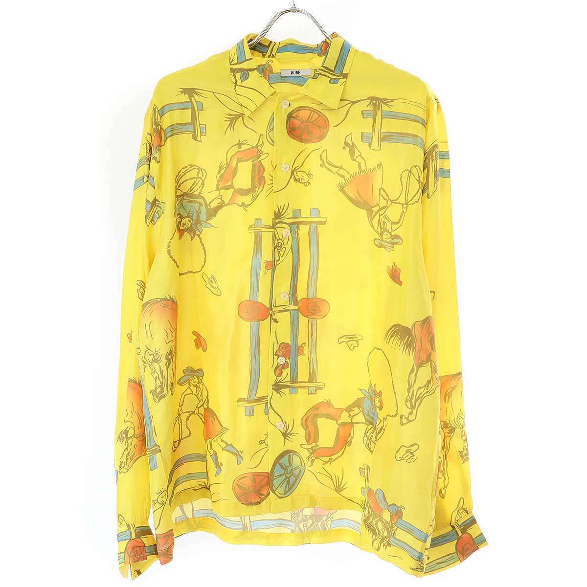 BODE NY ボーディー ロゴ刺繍グラフィックプリントシルクシャツ イエロー XL/XXL ITTXQ8O4C4CT拍卖