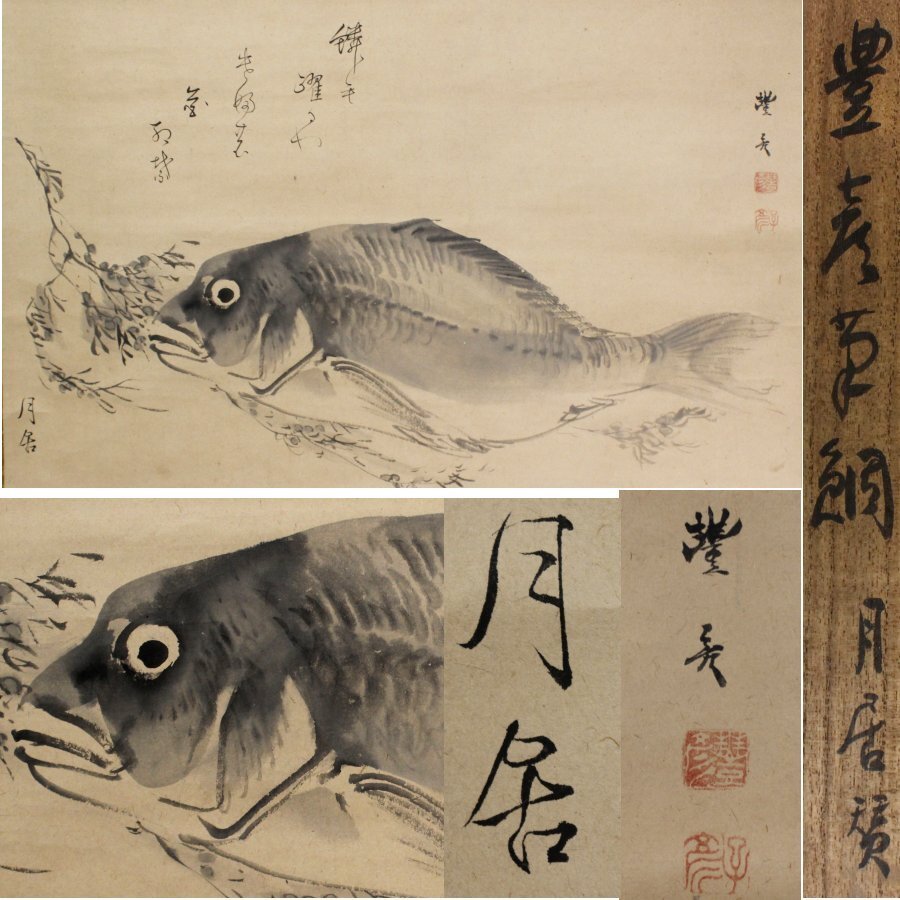 《源》【即決・送料無料】巨匠・岡本豊彦 自筆 鯛図 俳人 江森月居 讃句添/書付箱付拍卖