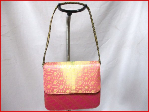 和風柄 ハンドバッグ◇中綿入り PK×GR 他 W22cm拍卖