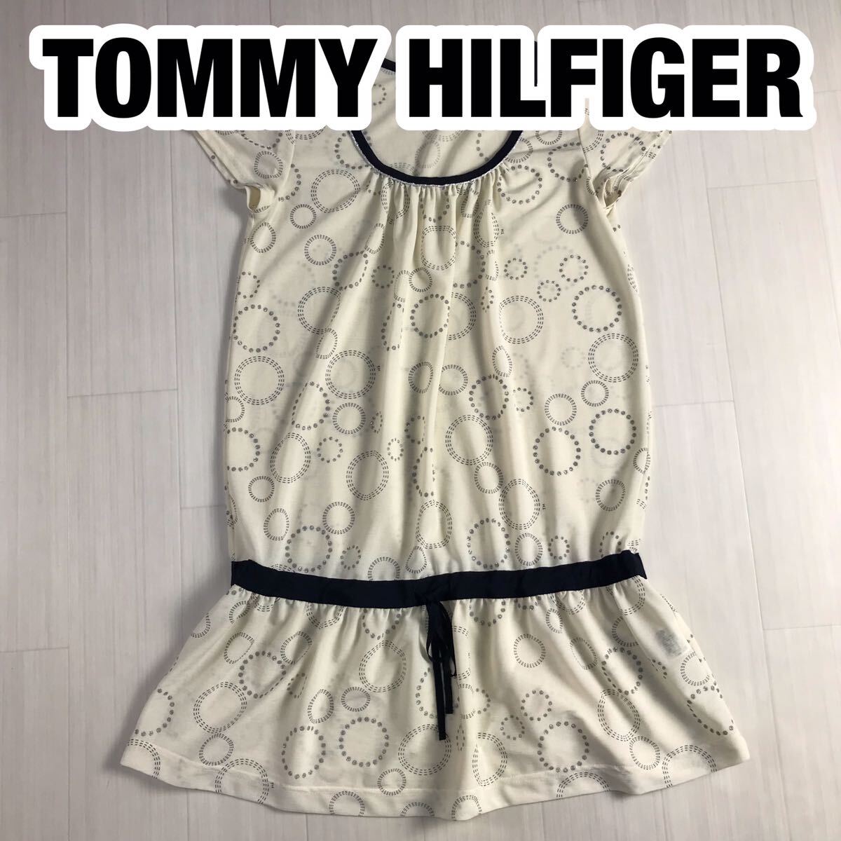TOMMY HILFIGER トミー ヒルフィガー チュニック S クリームイエロー ドット柄 ラメ刺繍 プリント シースルー 絞りフレア ストレッチ素材拍卖