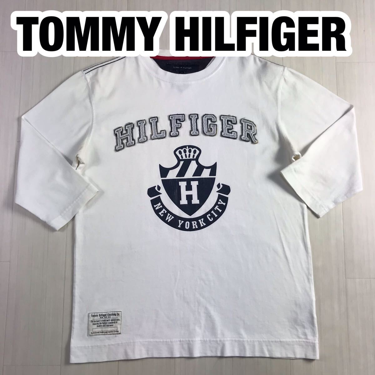TOMMY HILFIGER トミー ヒルフィガー 七分袖Tシャツ S ホワイト ビッグロゴ ワッペン プリント フラッグロゴ 刺繍拍卖