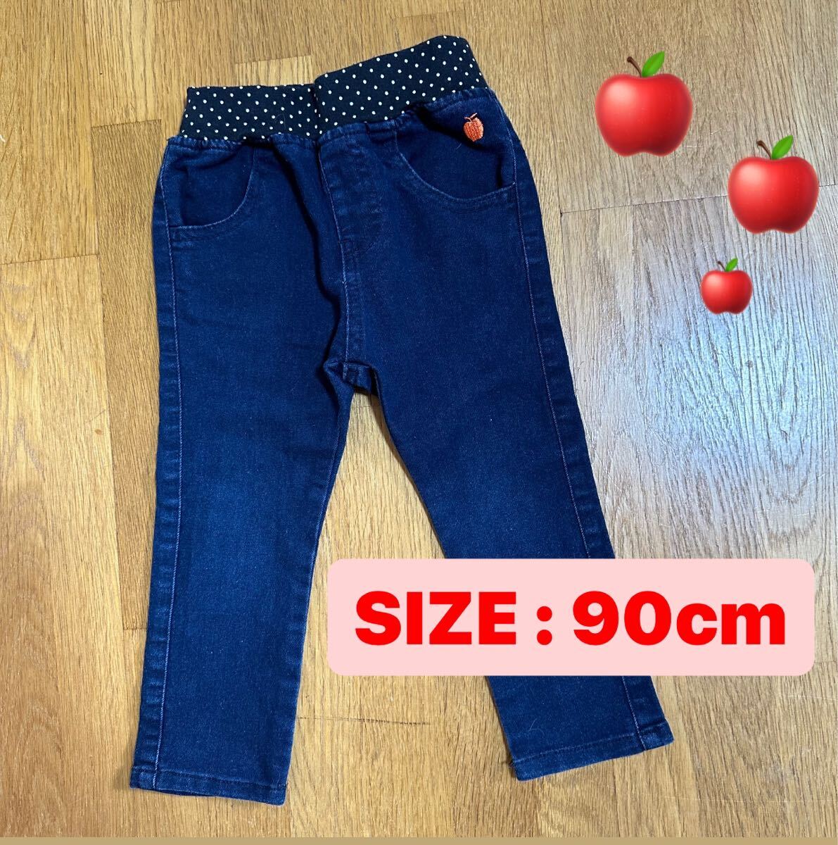ガールズ デニム ウエストゴム りんご刺繍 90cm拍卖
