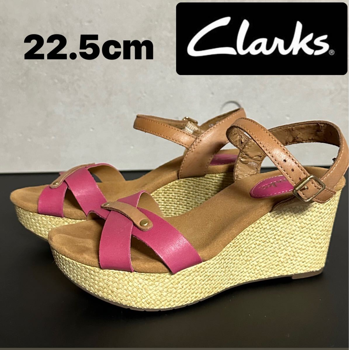 【クラークス】本革 厚底 アンクルストラップ ウェッジサンダル 22.5cm拍卖