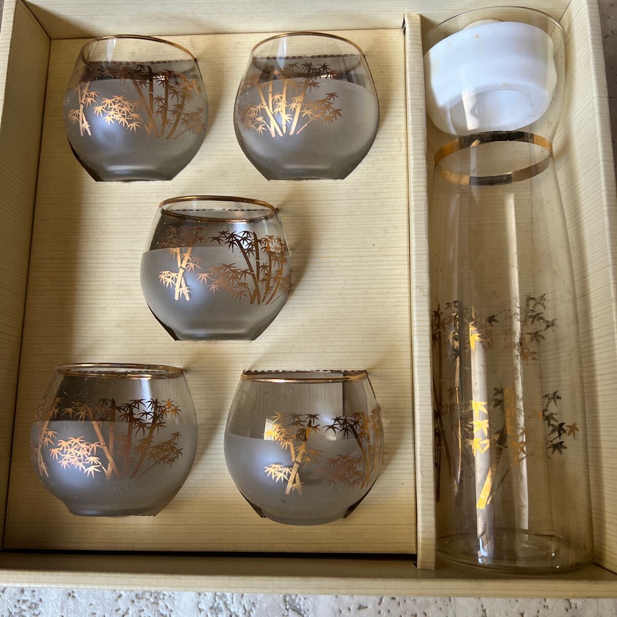 △メ箱-1△ 麦茶コップ 夏 昭和レトロ 日本文化 若竹 すりガラス 5セット拍卖