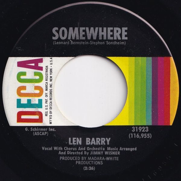 Len Barry Somewhere / It's A Cryin' Shame Decca US 31923 206613 ROCK POP ロック ポップ レコード 7インチ 45拍卖