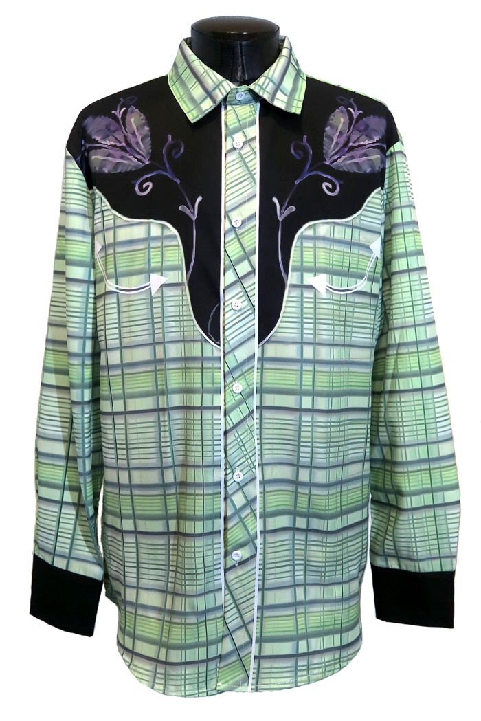 新品 Sサイズ ウエスタンシャツ チェック グリーン 1331 緑 和柄 水墨画 柄シャツ カウボーイ ロカビリー ロック モード ヴィジュアル系拍卖