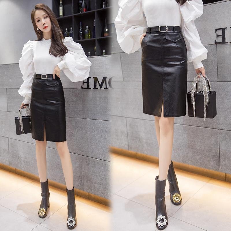 新作 大きいサイズ スリット入り レザースカート ベルト付き ハイウエスト タイトスカート ボトムス ひざ丈 セクシー Q490拍卖