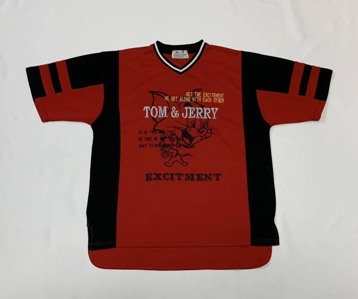 TOM&JERRY トム&ジェリー // 半袖 ロゴ刺繍 プリント Vネック ジャージ Tシャツ (赤系) サイズ L拍卖