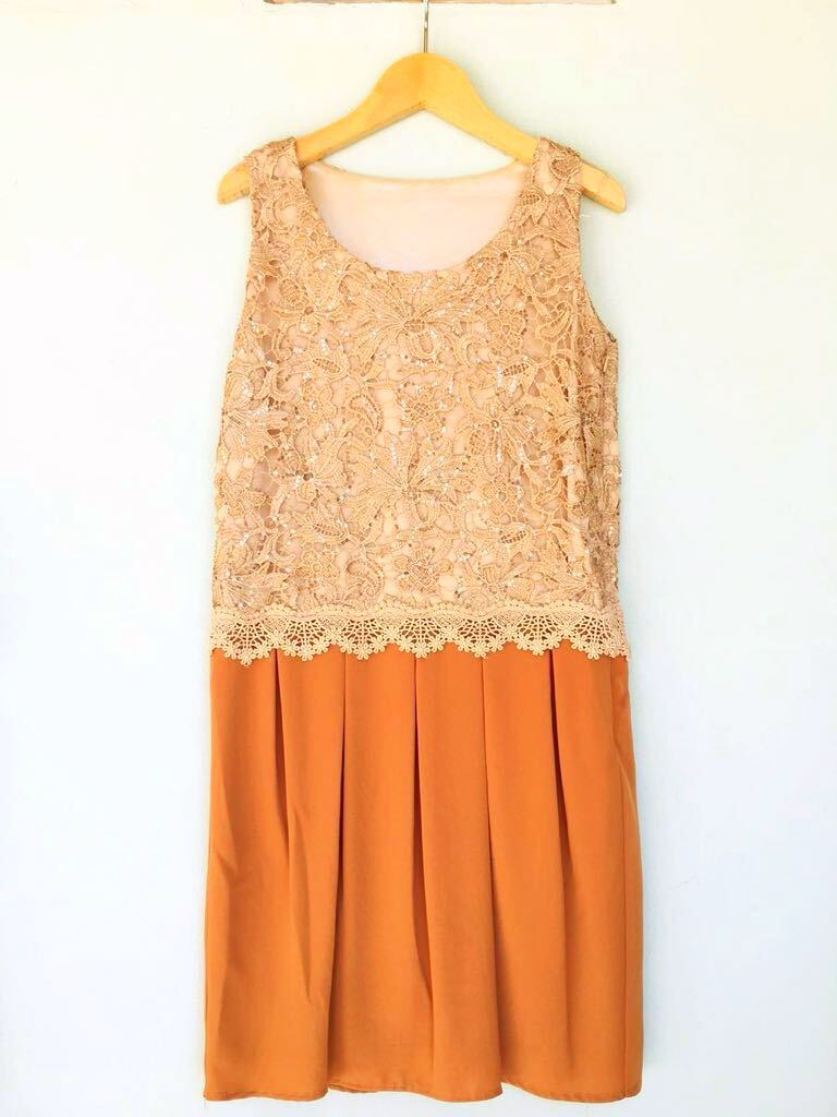 アサクラ ワンピース ドレス キャメル ベージュ ゴールド レース スパンコール ノースリーブ パーティー 二次会 結婚式 お呼ばれ 謝恩会拍卖