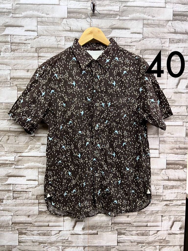 40 ブラウン 半袖シャツ 半袖 シャツ とり 鳥 トップス ポケット ポケットシャツ 総柄拍卖