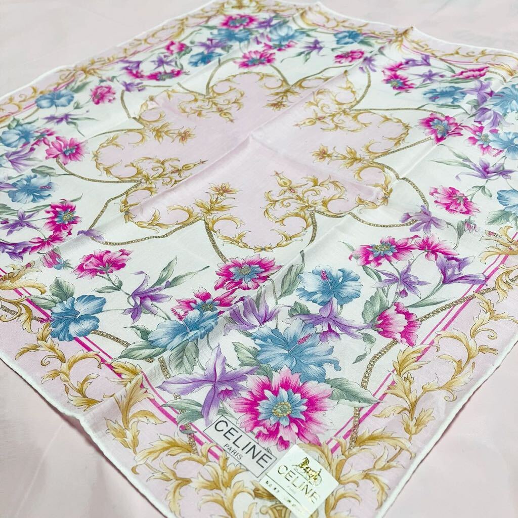 【希少】新品/CELINEハンカチ/正規品/セリーヌ/ハイ未使用/ブランド/マカダム柄/綿100%/レディース/ハンカチーフ/日本製/ピンク/花柄/女性拍卖