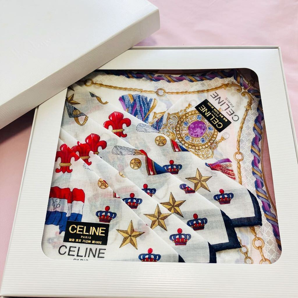 【人気柄】新品/CELINEハンカチ/正規品/セリーヌ/ハイ未使用ストール/ブランド/マカダム柄/綿100%/レディース/ピンク白ロゴ/女性/チャーム拍卖