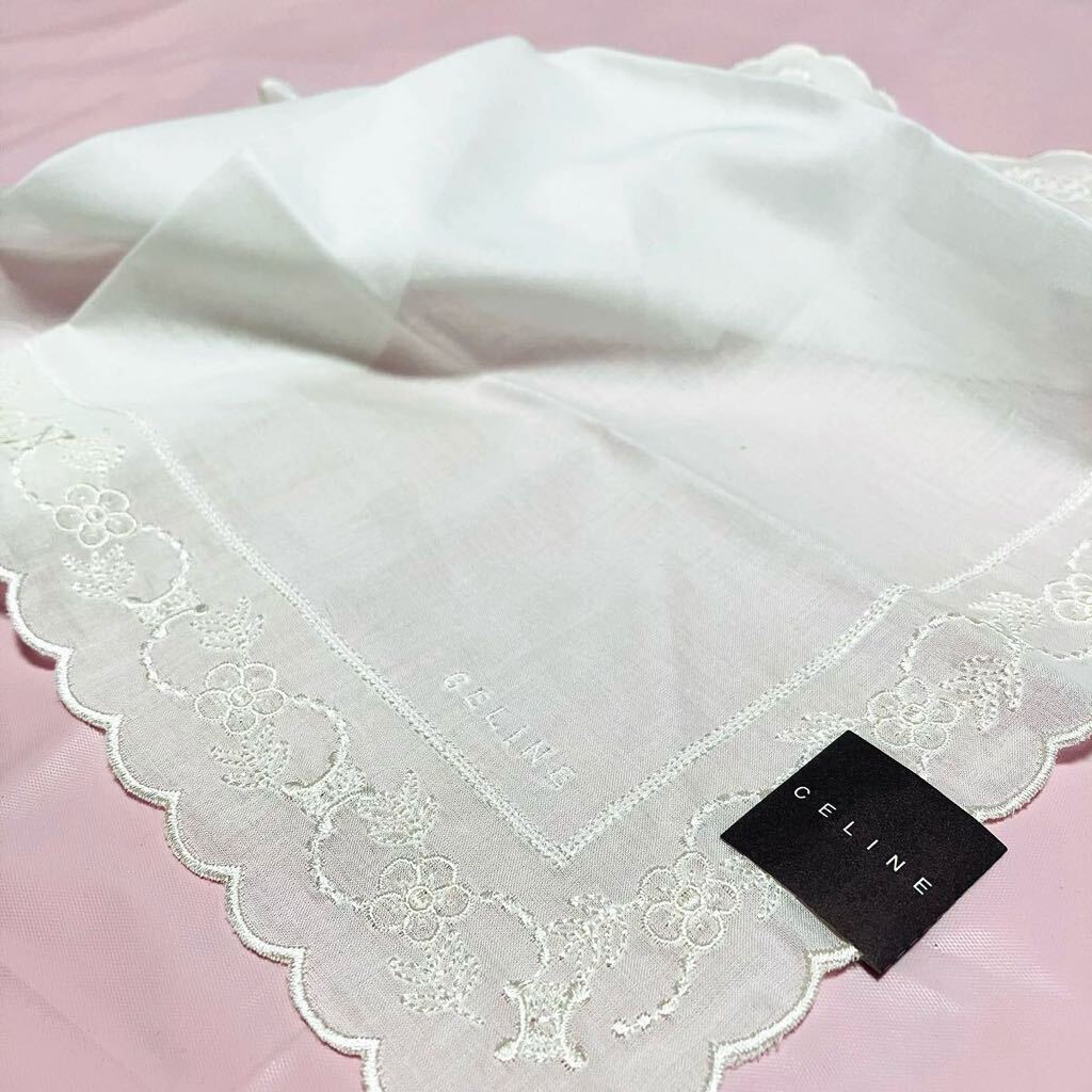 【レース】新品/CELINEハンカチ/正規品/綿100%/未使用/ブランド/セリーヌ/マカダム柄/レディース女性用/白/ホワイト/花柄/刺繍/入園式/卒園拍卖