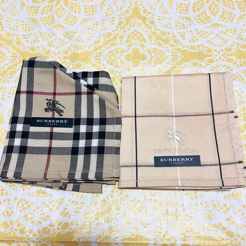 新品/2枚/BURBERRYハンカチ/正規品/バーバリー/綿100%/ブランド未使用/ノバチェック/アーガイル/メンズ紳士用/定番柄ベージュ/ホースマーク拍卖