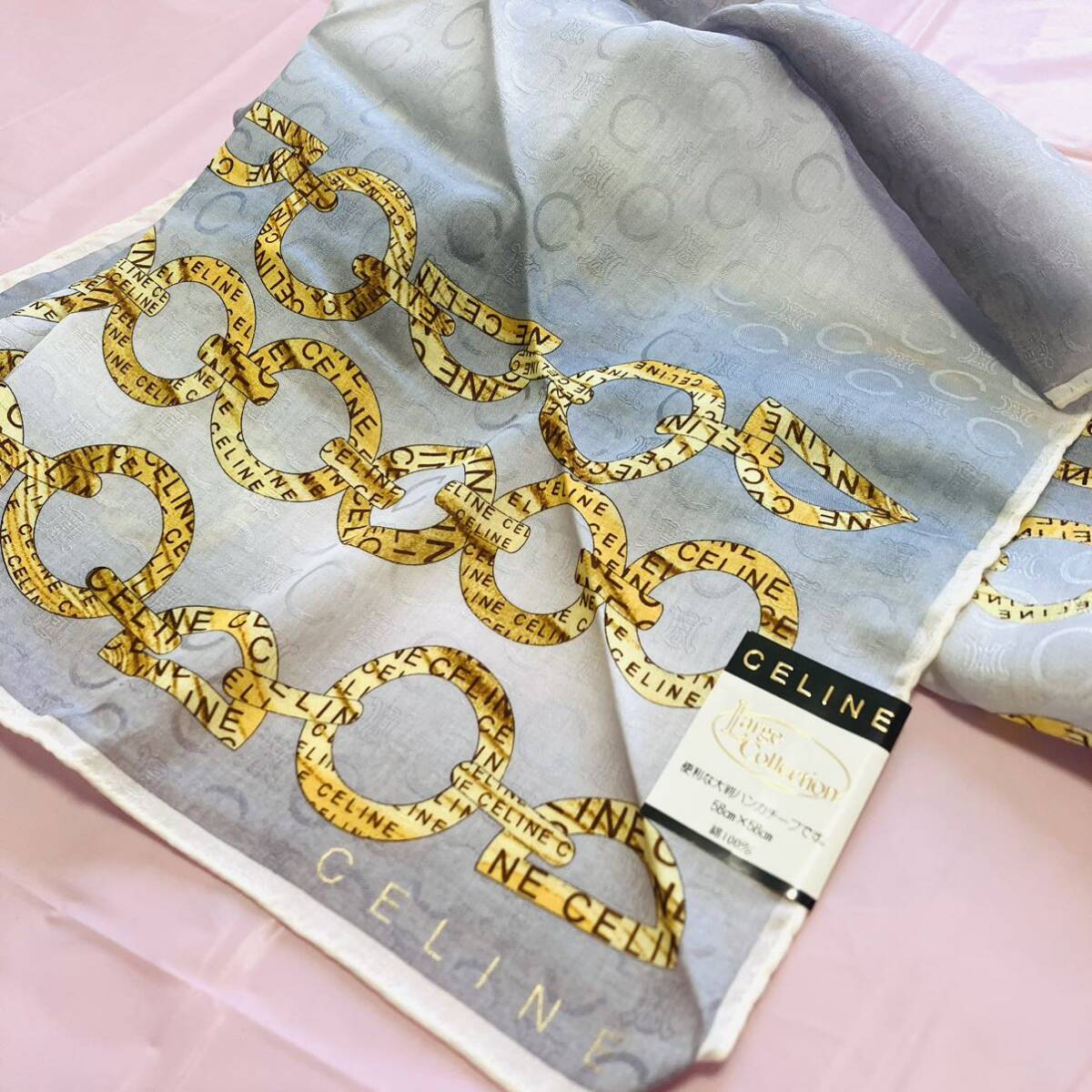 【レア】新品/CELINE/大判ハンカチ/正規品/セリーヌ/未使用ストール/ブランド/スカーフ/58cm/マカダム柄/綿100%/チャーム/透かし柄/ロゴ拍卖