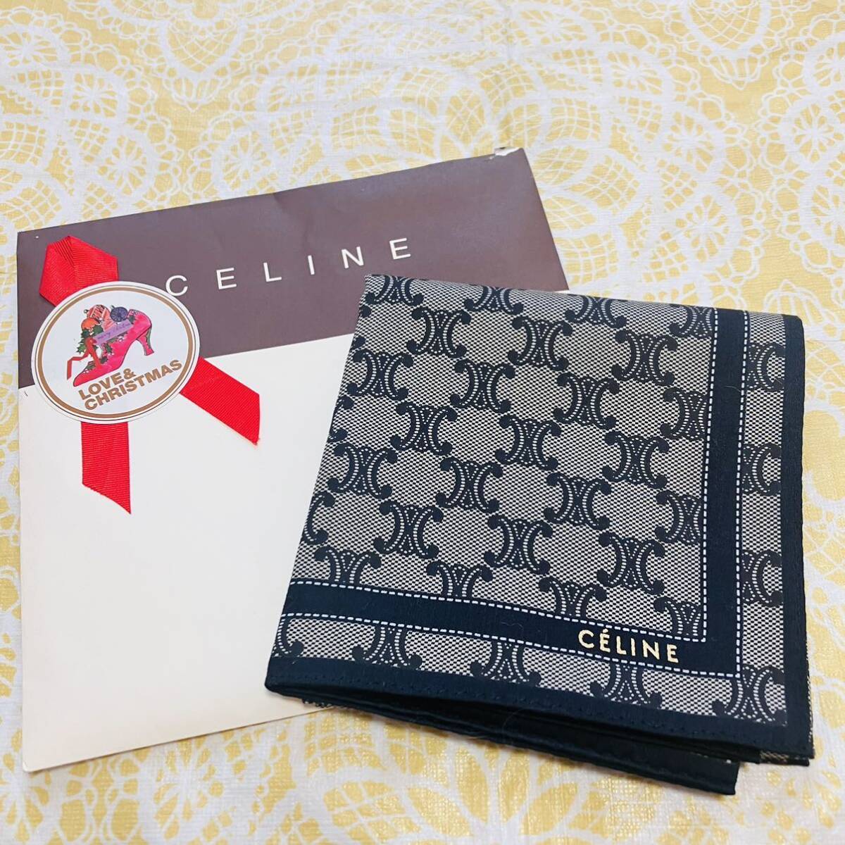 【激レア】新品/CELINE/大判ハンカチ/正規品セリーヌ/ハイ未使用ストール/ブランド/スカーフ/マカダム柄/綿100%/メンズ紳士用ネイビー紺色拍卖