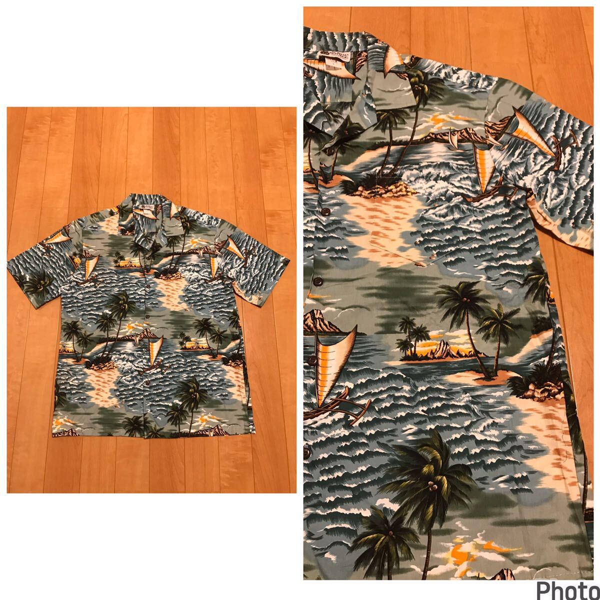 着用少な目.美品☆HAWAII.USA製/ALOHA PEPUBLIC サイズL大き目.日本2XL〜?並 半袖開襟アロハシャツ・波&椰子の木&カヌー他風景総柄!拍卖