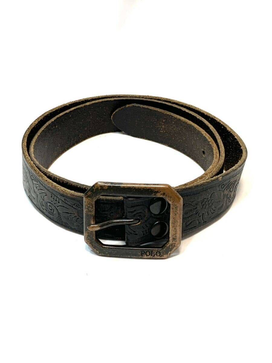 2000年代頃 POLO RALPH LAUREN ポロ ラルフローレン 型押し レザー ベルト 黒色 W40 茶芯拍卖