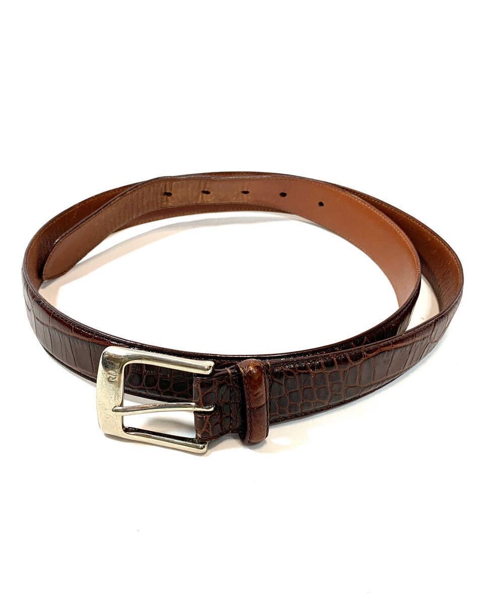 90s 00s POLO RALPH LAUREN RL ポロ ラルフローレン 爬虫類型押し レザー ベルト 茶色 W38拍卖