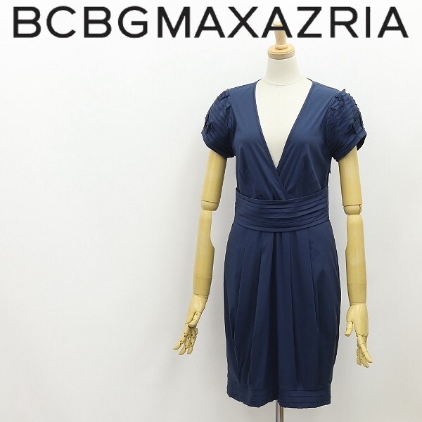 ◆BCBG MAXAZRIA マックスアズリア ストレッチ コットン タック カシュクール風 ワンピース 紺 ネイビー 4拍卖