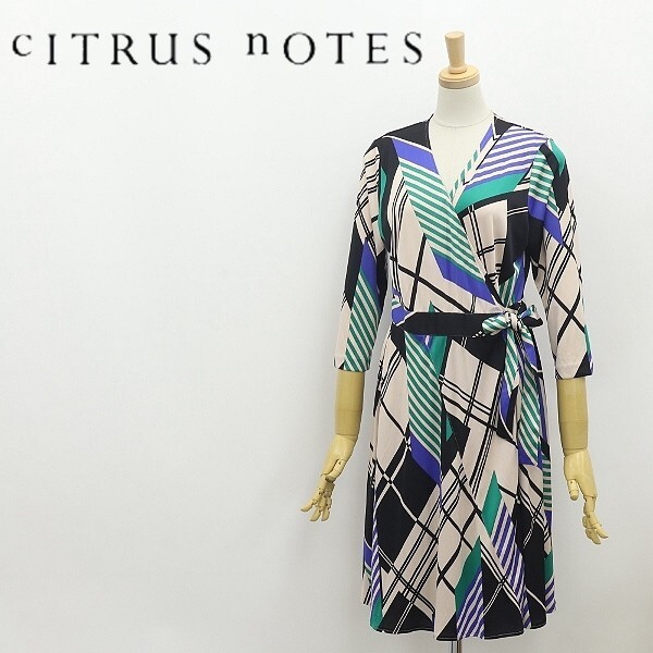 新品◆CITRUS NOTES シトラスノーツ 総柄 ジャージー カシュクール ワンピース 40拍卖
