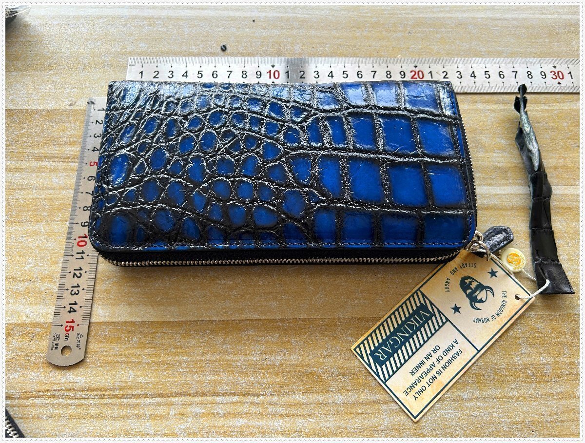 QB 職人手作り 腹革 人工養殖 未使用 ダブルファスナー 一枚革 本物 ワニ革 アリゲーター・ 長財布◆手染 クロコ メンズウォレット 紳士拍卖