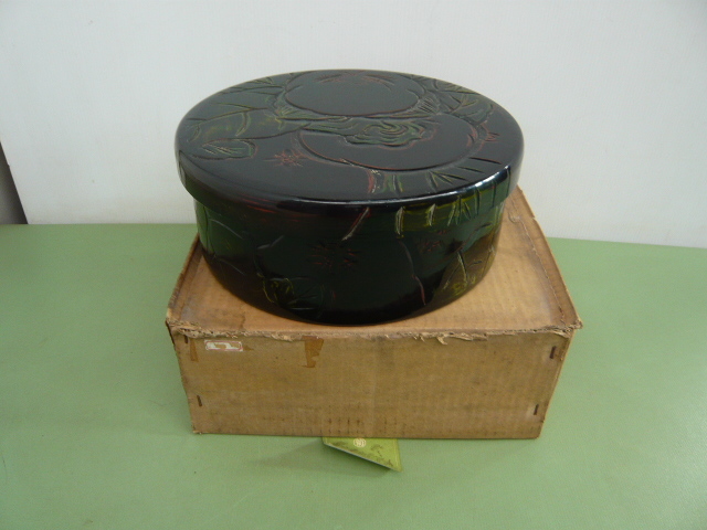 647◆菊屋 御茶櫃 漆 菓子器 御茶櫃 茶菓子入れ うつわ 入れ物 アンティーク 昭和 直径31.5㎝◆未使用保管品◆F拍卖