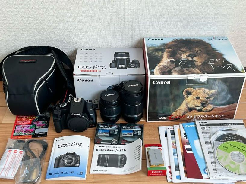 実働品 EOS Kiss X2 ダブルズームキット 元箱、取説、備品あり、おまけ付拍卖
