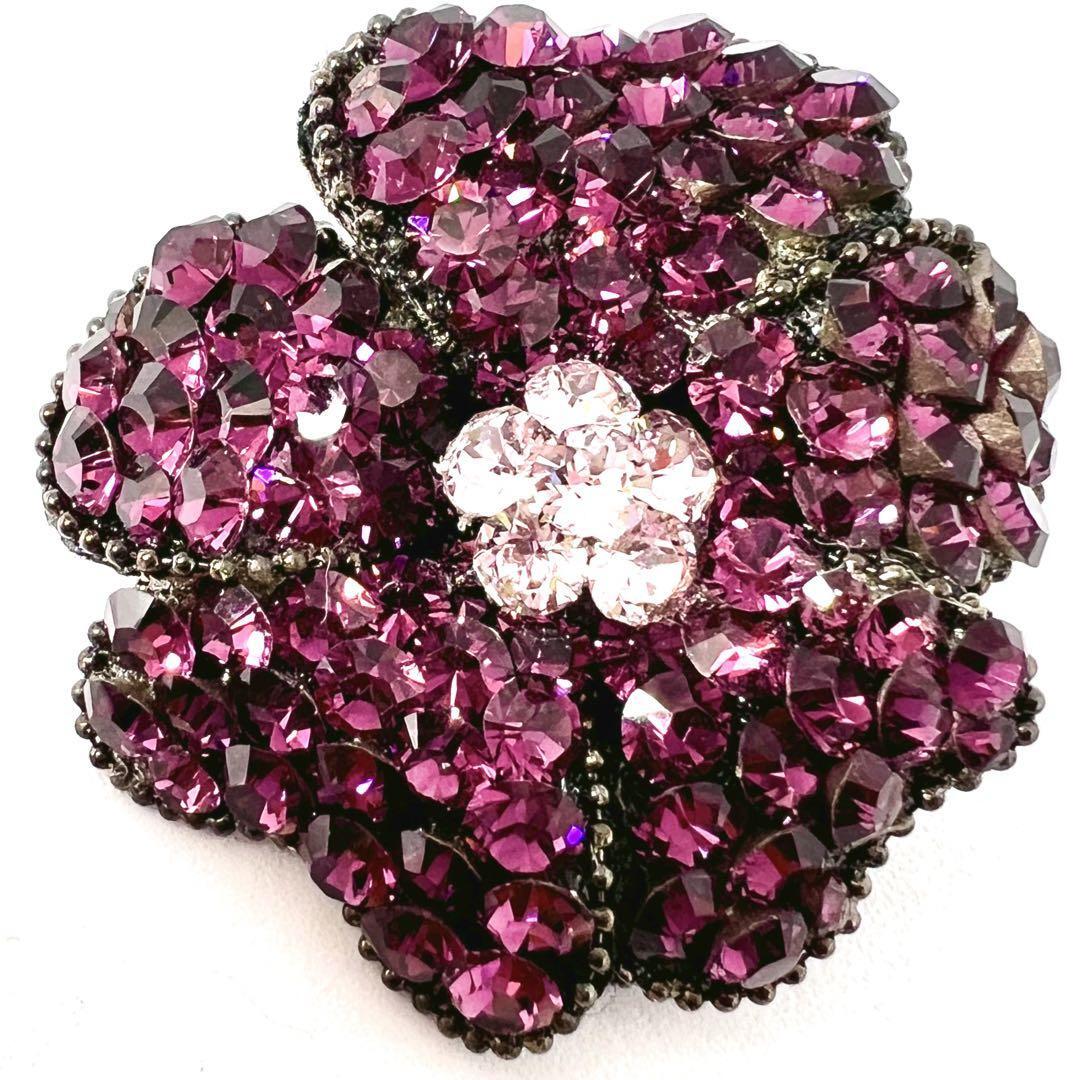 フラワー スワロフスキー風 パープル 花 ピン ブローチ ヴィンテージ パーティ拍卖