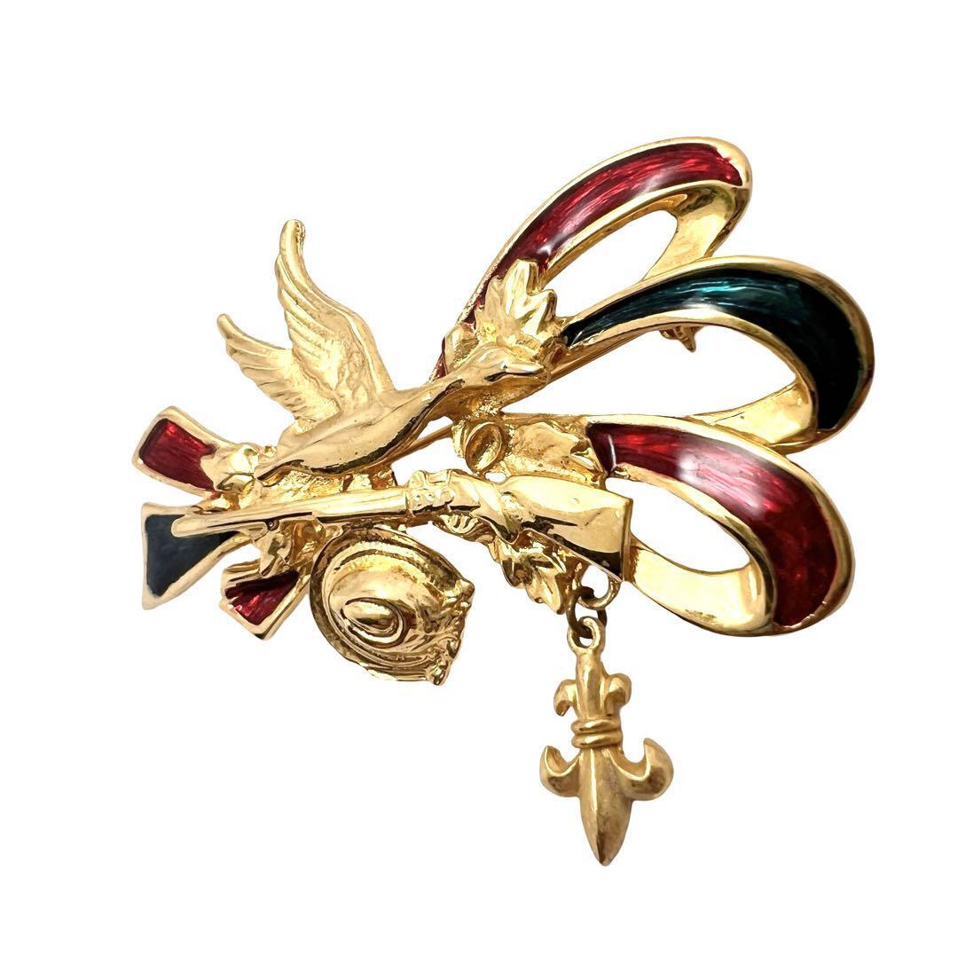 鳳凰 ピン ブローチ ゴールド 鳥 リボン 百合の紋章 グリーン リリー拍卖