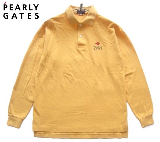 美品日本製!!パーリーゲイツ PEARLY GATES*ラビット&ロゴ刺繍 長袖鹿の子ゴルフポロシャツ S マスタード GOLF拍卖